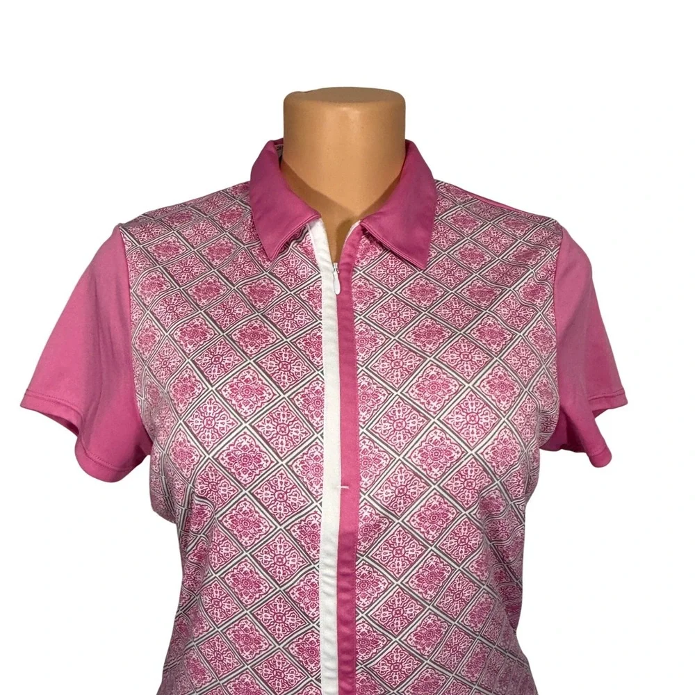 PGA Tour Womens Pink Geometric Tile Print Quarter‎ Zip Golf Polo Shirt Size M